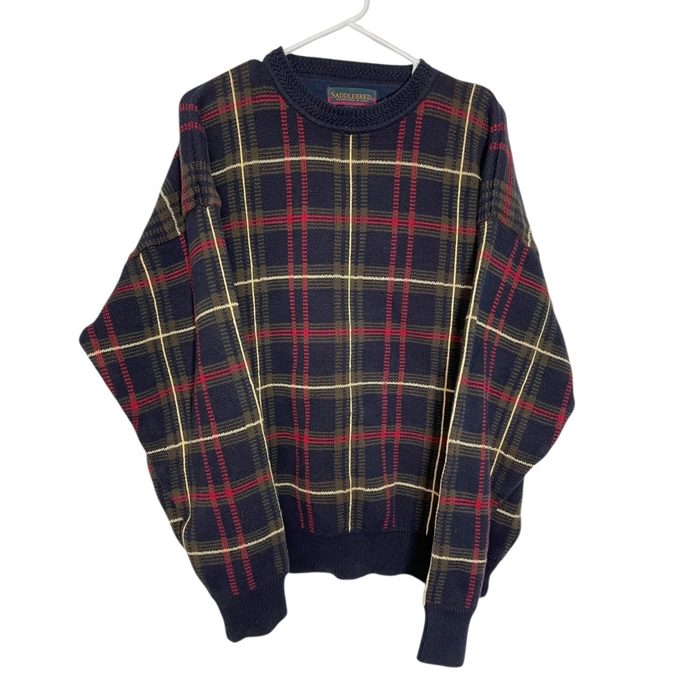 Saddlebred XL Navy Blue Plaid Cotton Crewneck Sweater‎ Vintage Dark Academia